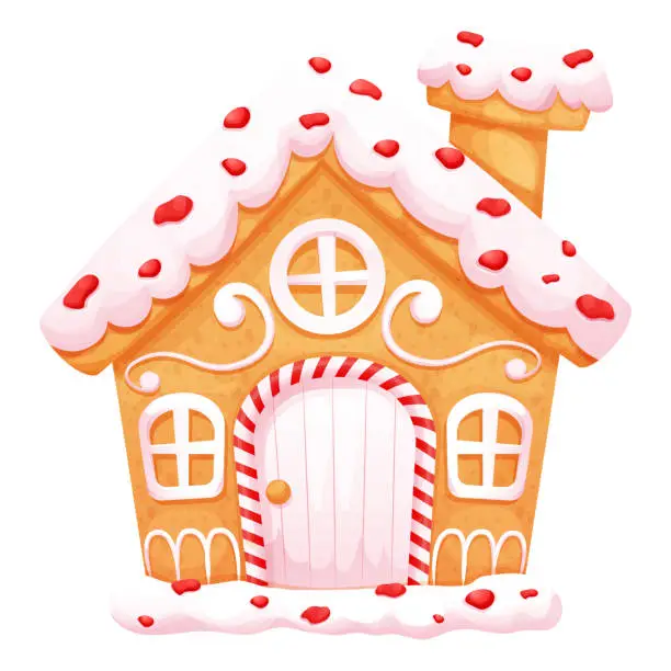 Vector illustration of Gingerbread house with wonder door and windows cute ornament and sweets in cartoon style isolated on white background. . Vector illustration