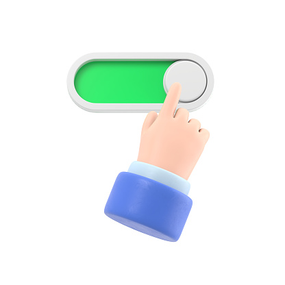 Cartoon Gesture Icon Mockup.3d render,cartoon character hand activating the button,slide bar icon.3D rendering on white background.