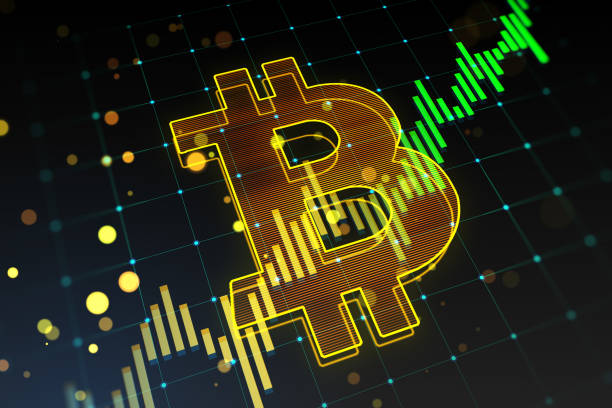 Creative growing green candlestick forex chart and bitcoin on blurry background. Trade and finance concept. 3D Rendering.