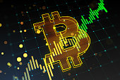Creative growing green candlestick forex chart and bitcoin on blurry background. Trade and finance concept. 3D Rendering.
