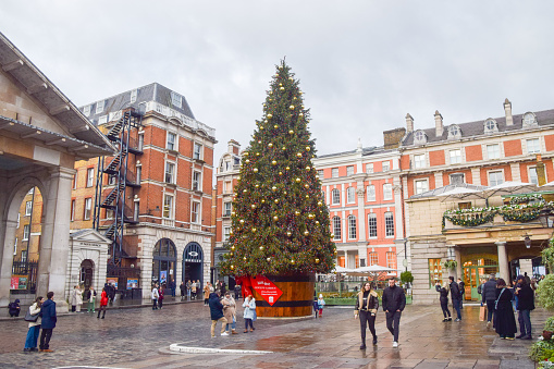 London, UK - December 21 2023:  People walk past the main Christmas tree at Covent Garden Market.