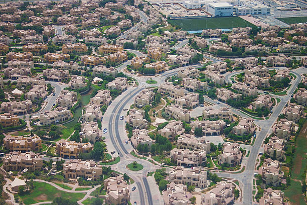 An aerial view on a suburb of Dubai. The suburb is called \