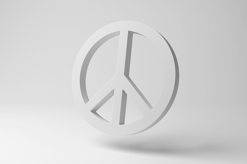 White peace sign floating in mid air on white background in monochrome and minimalism. Illustration of the concept of harmony