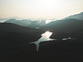 Aerial view of Aberdeen and reservoir, the famous tourist place in the south of Hong Kong
