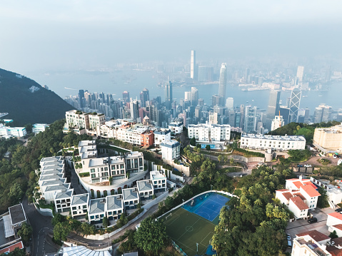 Hong Kong, China aerial view of the cityscape at Victoria Harbor.