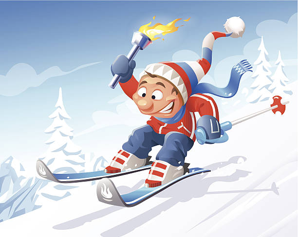skifahrer mit olympic torch - olympic torch stock-grafiken, -clipart, -cartoons und -symbole