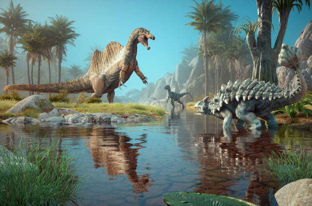 Spinosaurus and ankylosaurus in nature. Spinosaurus and ankylosaurus in the nature. This is a 3d render illustration. spinosaurus stock pictures, royalty-free photos & images