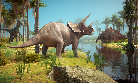 Dinosaurs in nature. Triceratops, stegosaurus. This is a 3d render illustration