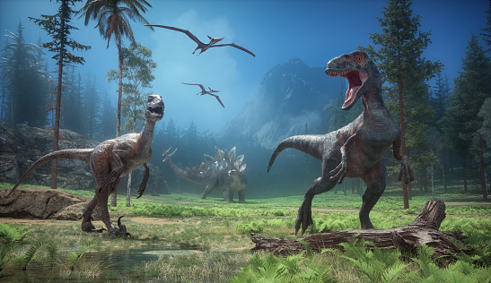 Velociraptor and stegosaurus walking through the forest. This is a 3d render illustration