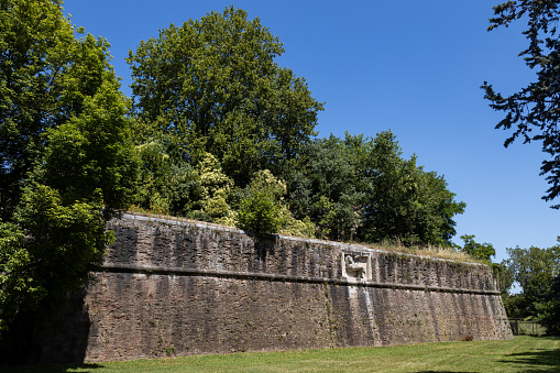 View of walls by Porta Santa Croce. Porta Santa Croce is one of the entrances of the sixteenth century city walls; Padua, Veneto, Italy