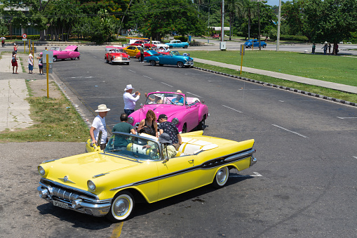 July 31, 2018 - La Havana, Cuba: Colorful american vintage cars parked in old havana, Cuba