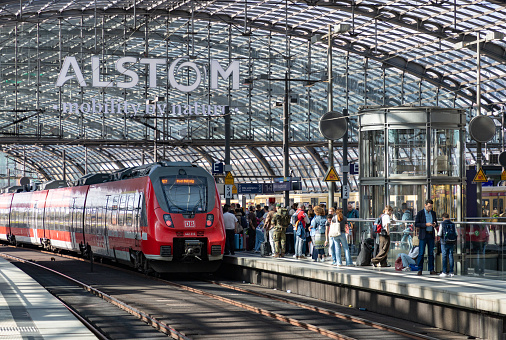 Hamburg, Germany - June 15 2023: Hamburg Hauptbahnhof or Central Railway Station Interior Platforms and Trains.