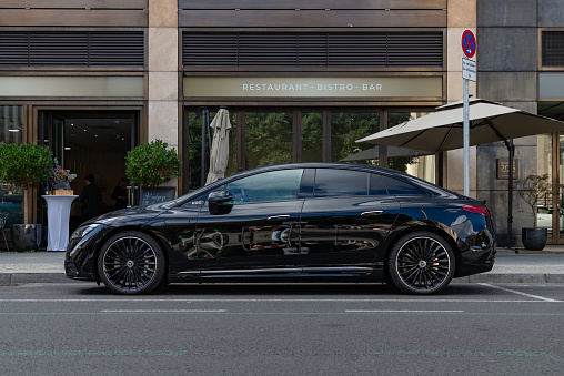 Berlin, Germany - September 24, 2023: A picture of a black Mercedes Benz EQE 350.