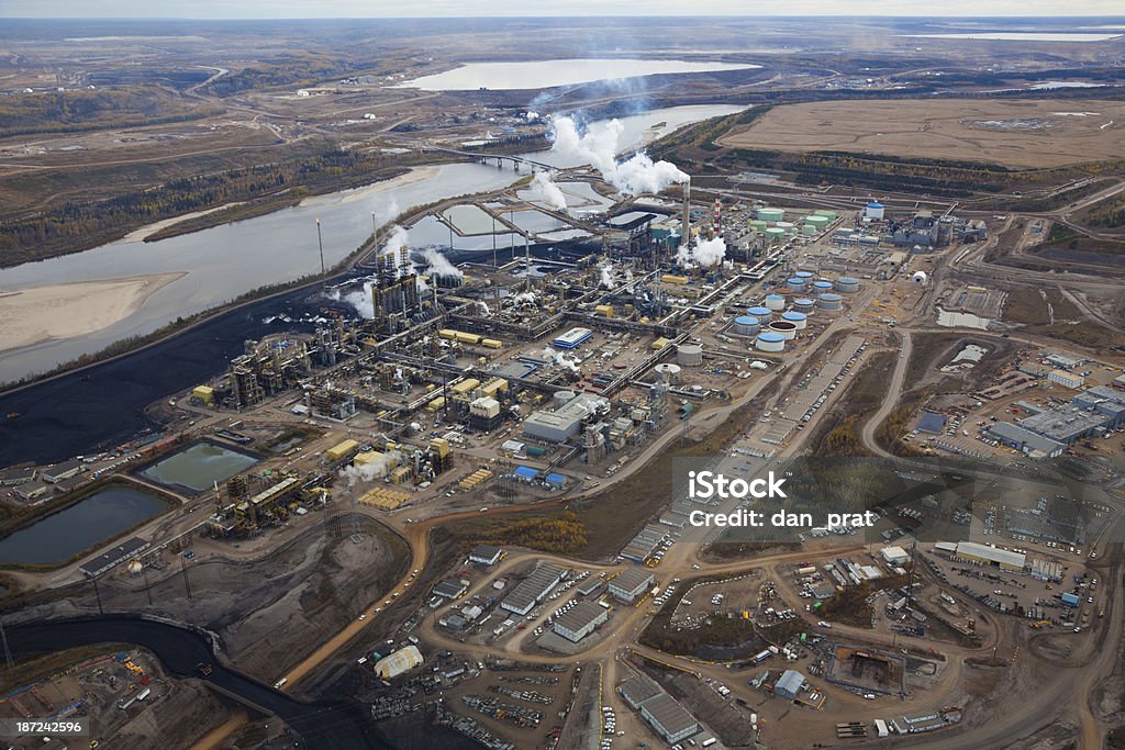 Suncor Refinery, Aerial Photo Close-up aerial photo of an oil refinery in the Alberta Oilsands, near Fort McMurray. Oil Sands Stock Photo