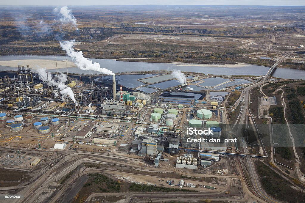 Oil Refinery, Aerial Photo Aerial photo of the Suncor refinery in northern Alberta near Fort McMurray. Oil Sands Stock Photo