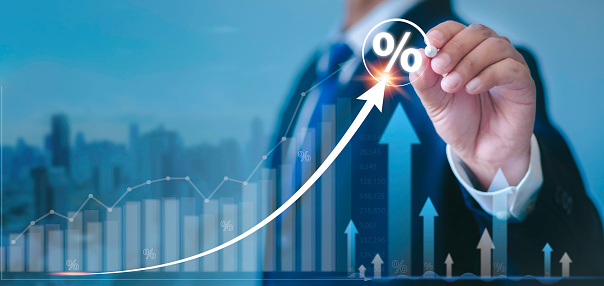 Business graph with 3D chart with upward arrow