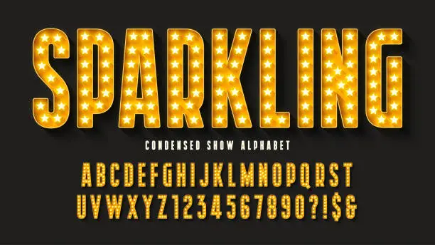 Vector illustration of Retro cinema alphabet design, cabaret, stars shine letters and numbers.