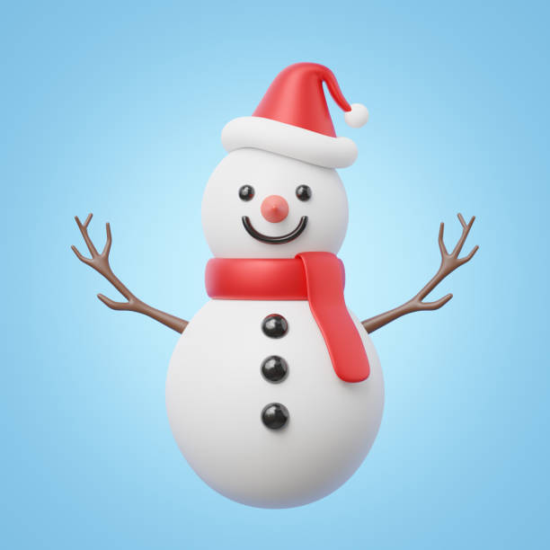 istock 3d Snowman wearing a red muffler and santa hat floating isolated on blue background. Element of Merry Christmas and New year concept. Cartoon icon minimal smooth. 3d rendering with clipping path. 1872447329
