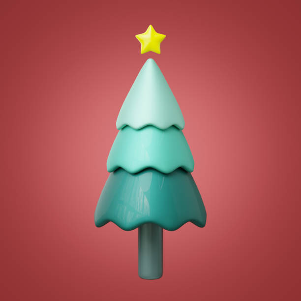 istock 3d Christmas tree with yellow star floating isolated on red background. Element of Merry Christmas and New year concept. Cartoon icon minimal smooth. 3d rendering with clipping path. 1872447345