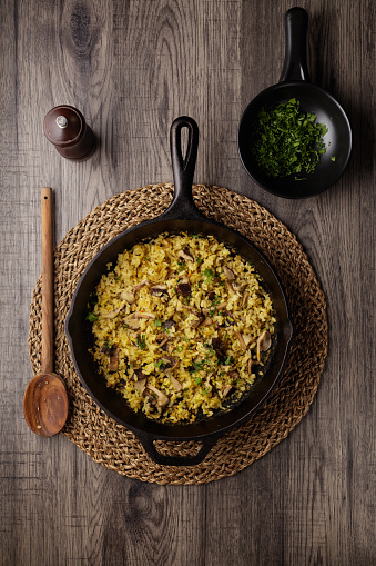 top view of baked shiitake mushroom rice for vegan diet in one pan