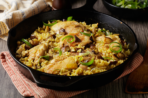 close view of  Delicious One-Pan baked Chicken and Shiitake Mushroom sushi Rice