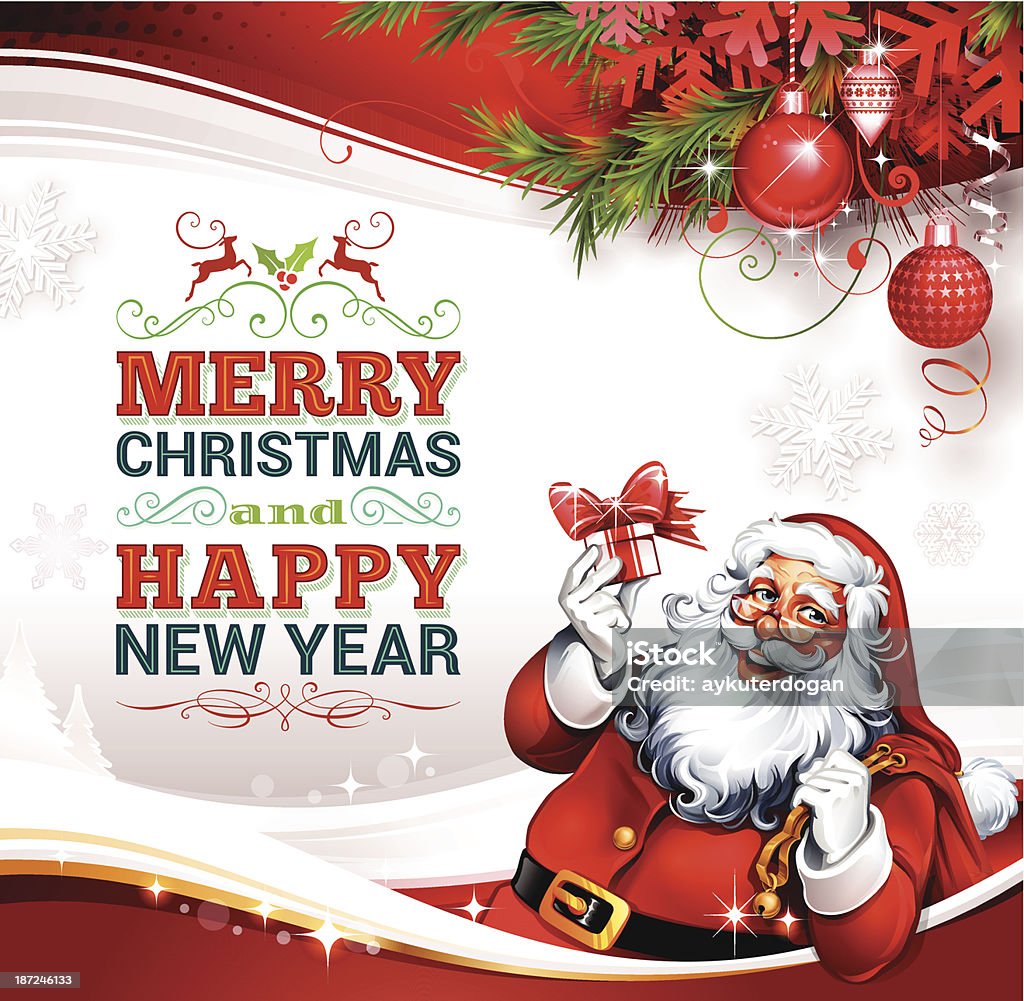 Christmas Background Christmas background design with Santa Claus illustration, text and ornaments. Upper and lower parts can be used separately. It is easy to adjust height by moving top and lower parts. Grouped and layered separately. EPS 10 file with transparencies. AI-CS and CS5 files included. Santa Claus stock vector