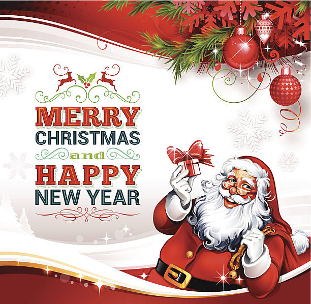 Christmas Background Christmas background design with Santa Claus illustration, text and ornaments. Upper and lower parts can be used separately. It is easy to adjust height by moving top and lower parts. Grouped and layered separately. EPS 10 file with transparencies. AI-CS and CS5 files included. santa claus illustrations stock illustrations