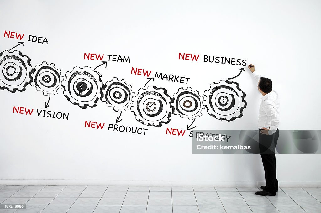 Man drawing business plan made of gears Businessman drawing and writing new business process on wall. New Stock Photo