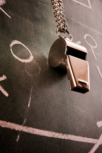 istock A metallic coach whistle with blackboard background 187248742