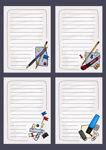 Template of blank pages of notebook and diary with stationery and torn sheets of paper. Vector illustration