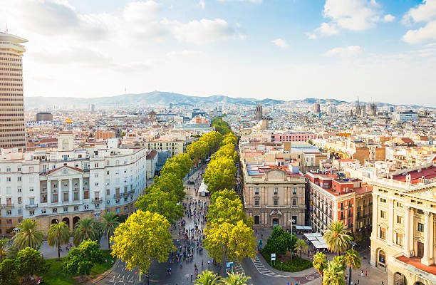 barcelona cityscape with la rambla - barcelona stok fotoğraflar ve resimler