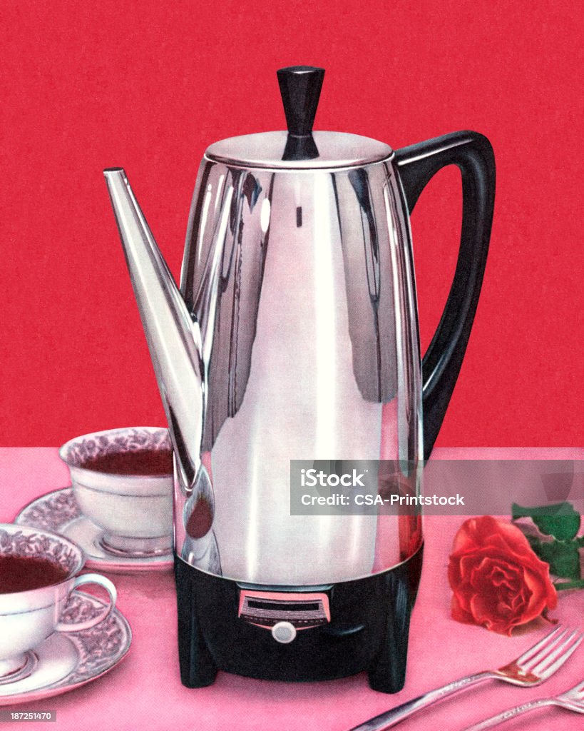 Percolator и две чашки кофе - Стоковые иллюстрации Стиль ретро роялти-фри