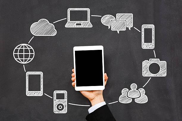 istock A hand holding up a tablet with network icons on a board 187251637