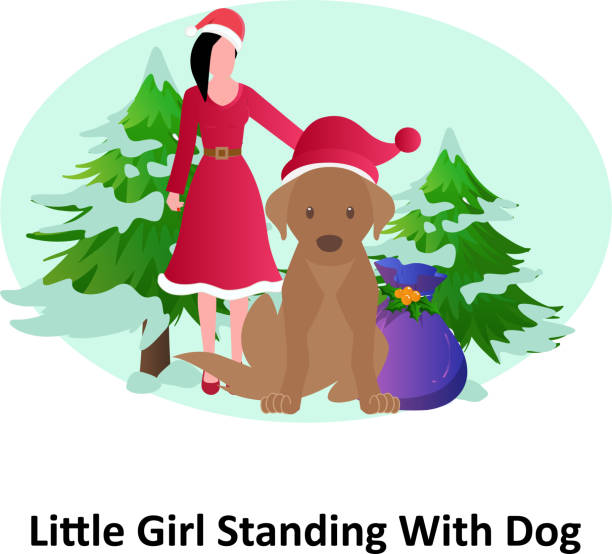 маленькая девочка, стоящая с собакой векторная иллюстрация, которую можно легко изменить или отредактировать - christmas child friendship little boys stock illustrations