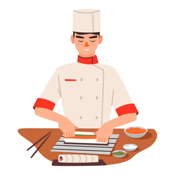 Vector illustration of Sushi chef making fresh sushi rolls. Asian food in a restaurant. Flat vector illustration