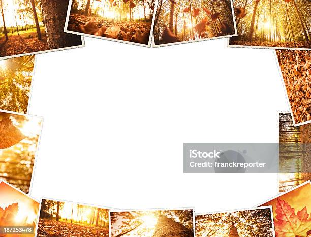 Outono Pilha De Fotos Polaroid - Fotografias de stock e mais imagens de Amarelo - Amarelo, Cartão de Negócios, Cartão de Saudações