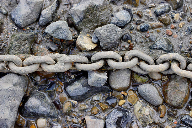 Anchor chain on the River Thames tideway at Putney This thick anchor chain lies on the tideway of the River Thames at Putney in south-west London. It is presumably used to anchor large boats to the shore. putney photos stock pictures, royalty-free photos & images
