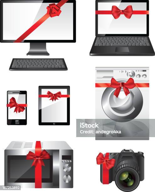 Popular Electronic Devices Packed As Presents Stock Illustration - Download Image Now - Camera - Photographic Equipment, Gift, Ribbon - Sewing Item