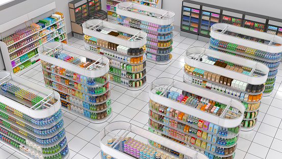 Sales floor, shelving with display of goods and advertising space. 3d illustration