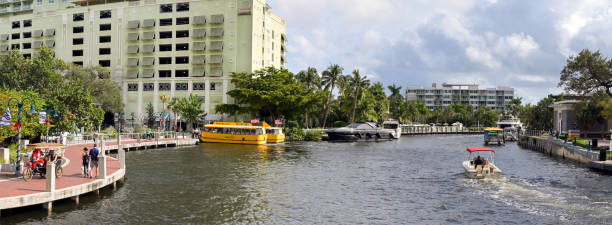 Fort Lauderdale, Florida, USA - 2 December 2023: Panoramic view of the ciry's waterfront and boats on one of its canals