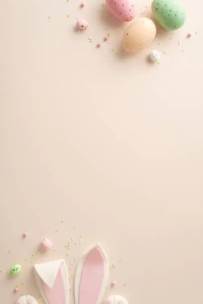 Photo of Capture the essence of Easter in this composition. Vertical top view of festive eggs, cute bunny ears, and playful sugar sprinkles on a pastel beige backgroundâyour text or ad fits seamlessly