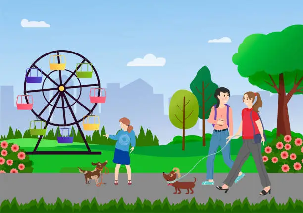 Vector illustration of City Park. People on a walk. A girl walks with a dog. Carousel and city high-rise buildings, green trees. Flat vector illustration with gradients.