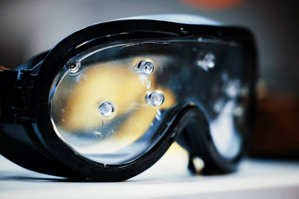 istock Safety goggles. Ballistic protective eyewear with plastic glasses. Protective ballistic goggles after testing. Protective sunglasses saved your eyes. 1872605140