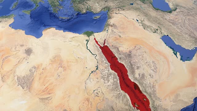 Satellite animated map of the Red Sea highlighted in red. Mandab Strait and Suez Canal visible. The region is experiencing political events related to the Gaza War, Houthis, Israel