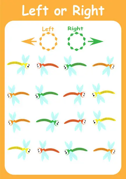 Vector illustration of Left and right. Directions for children. Logic game. Orientation in space. Study sheet.