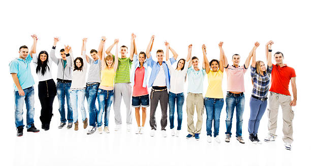 istock Large group of happy people with raised arms. 187264220