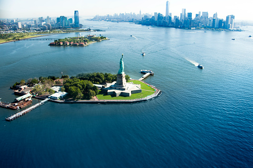 Aerial view of the statue of liberty. 