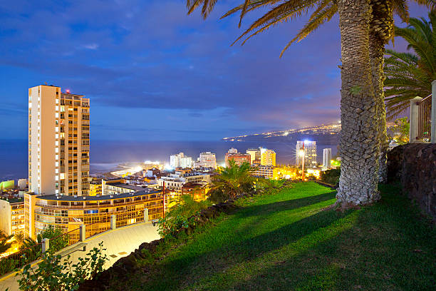 Puerto de la Cruz, Tenerife, Spain The illuminated skyline of Puerto de la Cruz at night. View from Taoro hill. puerto de la cruz tenerife stock pictures, royalty-free photos & images