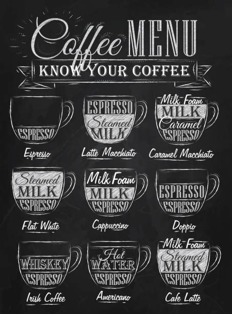 ilustrações de stock, clip art, desenhos animados e ícones de conjunto de menu de café de desenho de giz - caramel latté coffee cafe macchiato