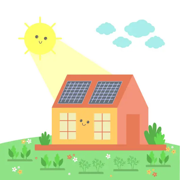 Vector illustration of House with solar panels and sun. Photovoltaic solar energy panels. Ecological sustainable energy concept. Cute cartoon vector illustration.